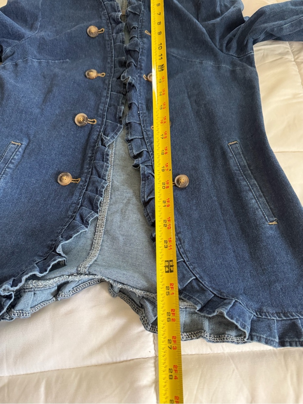 Ruffled Double-Breasted Denim Jacket - Blue - Picture 5 of 6